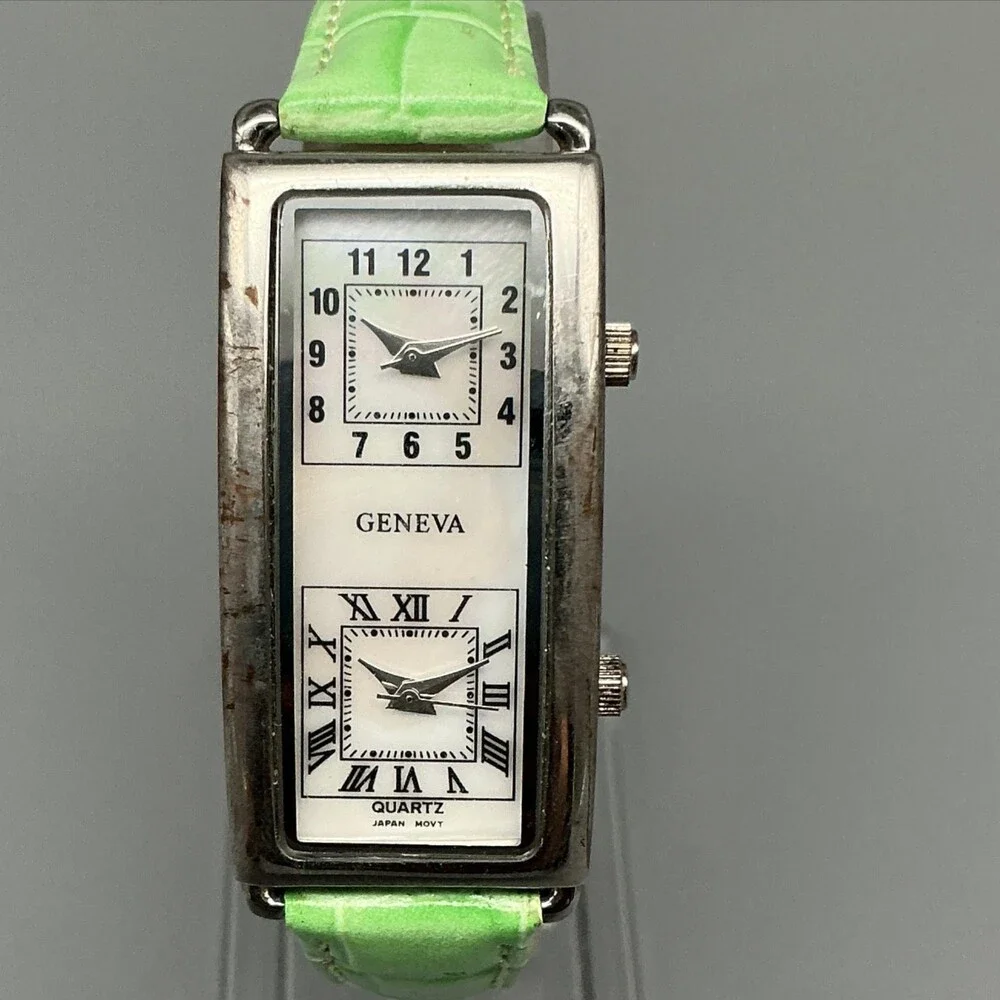 Geneva Womens Watch 21mm White MOP Dual Time Dial Green Leather New Battery